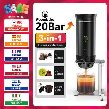 Wireless Electric Portable Espresso Coffee Machine – 3-in-1 for Car, Home & Camping